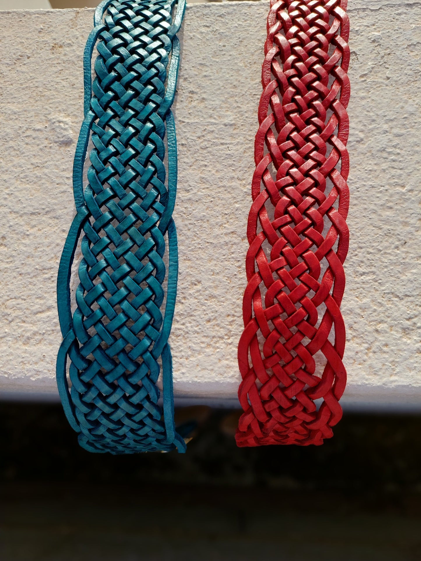 Red and Aqua woven braided leather wide belts 