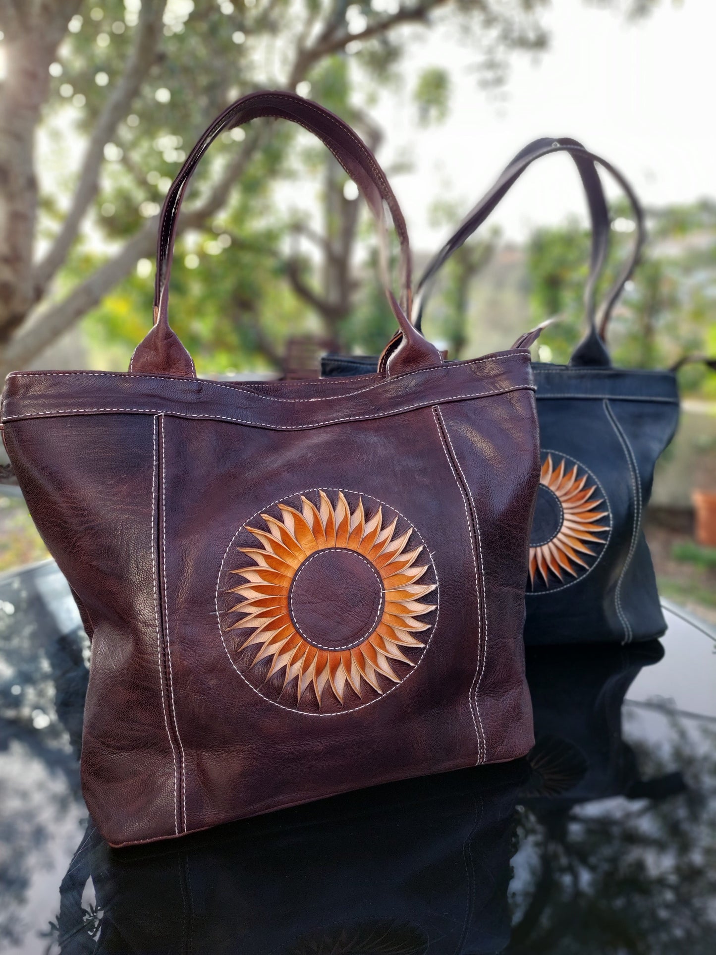 Brown | black All leather tote | Camel Leather | traditional Moroccan leather tote| laser cut out sunflower design | top zip closure