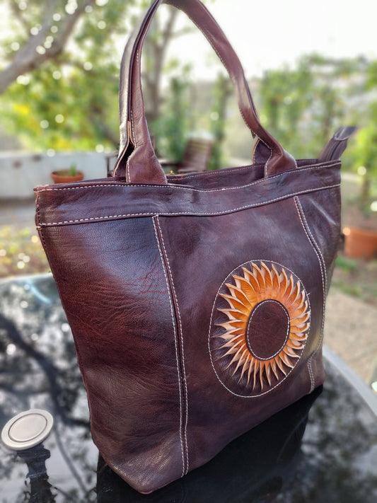 brown Leather tote bag with zipper closure | Camel leather | handmade | leatherncharm