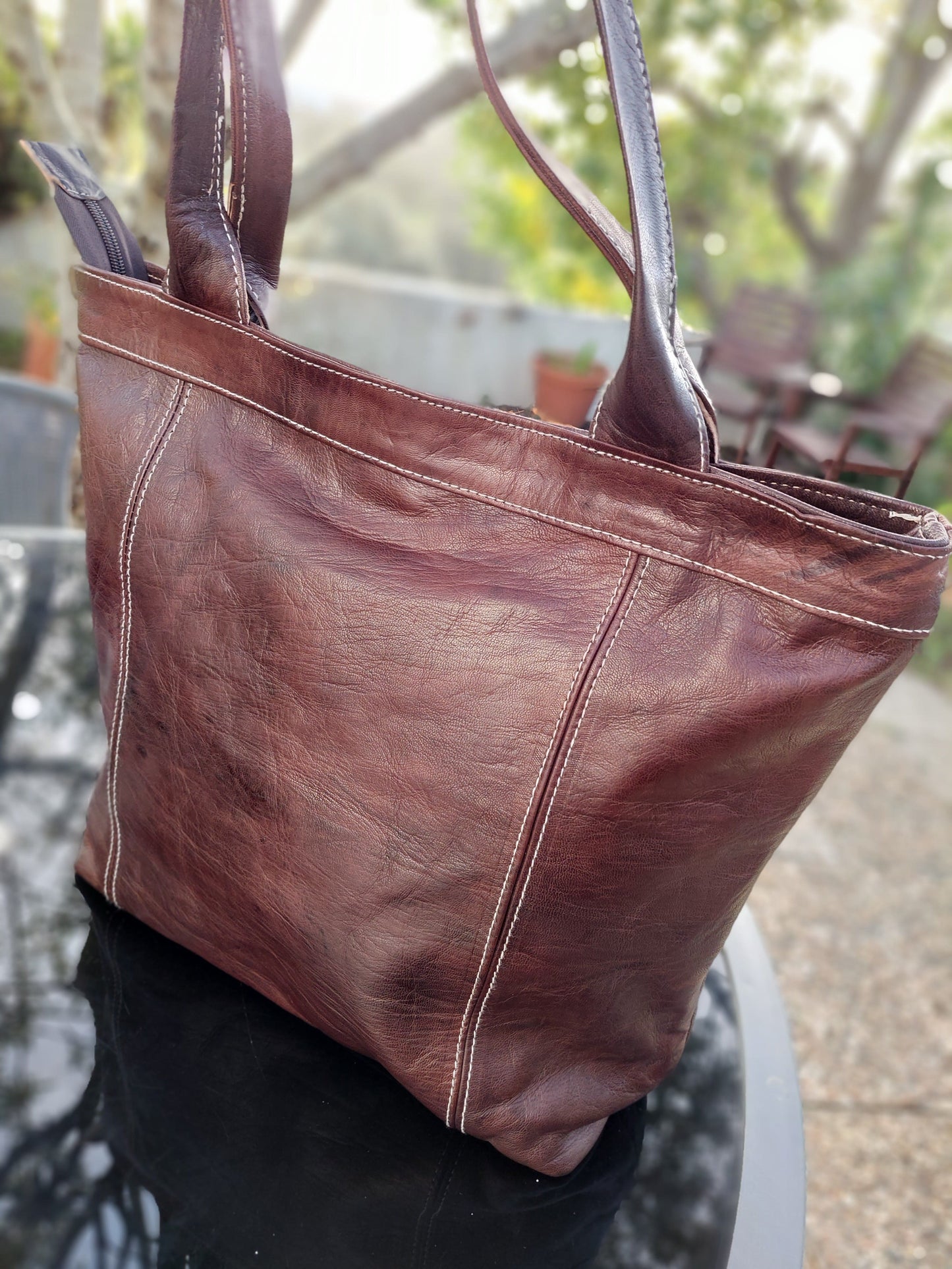 Brown backside of traditional Moroccan Camel leather Tote bag | Leatherncharm