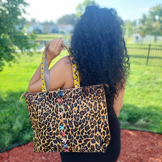 Summer Tote | Cheetah hair on hide | leather and hair on hide | travel tote | crisscross brightly dyed leather perfect for Summer | handmade | Leatherncharm