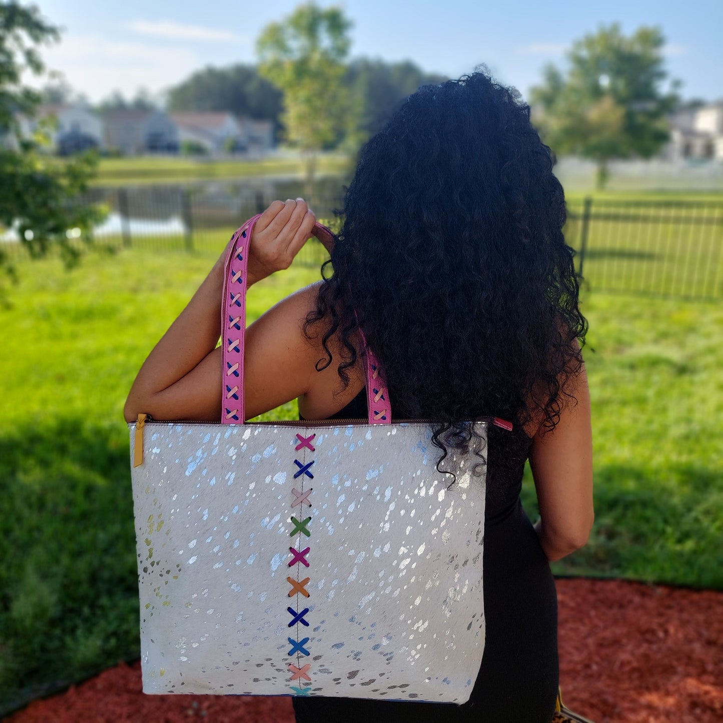 Summer Tote | white hair on hide and metallic detail | leather and hair on hide | travel tote | crisscross brightly dyed leather  perfect for Summer | handmade | Leatherncharm