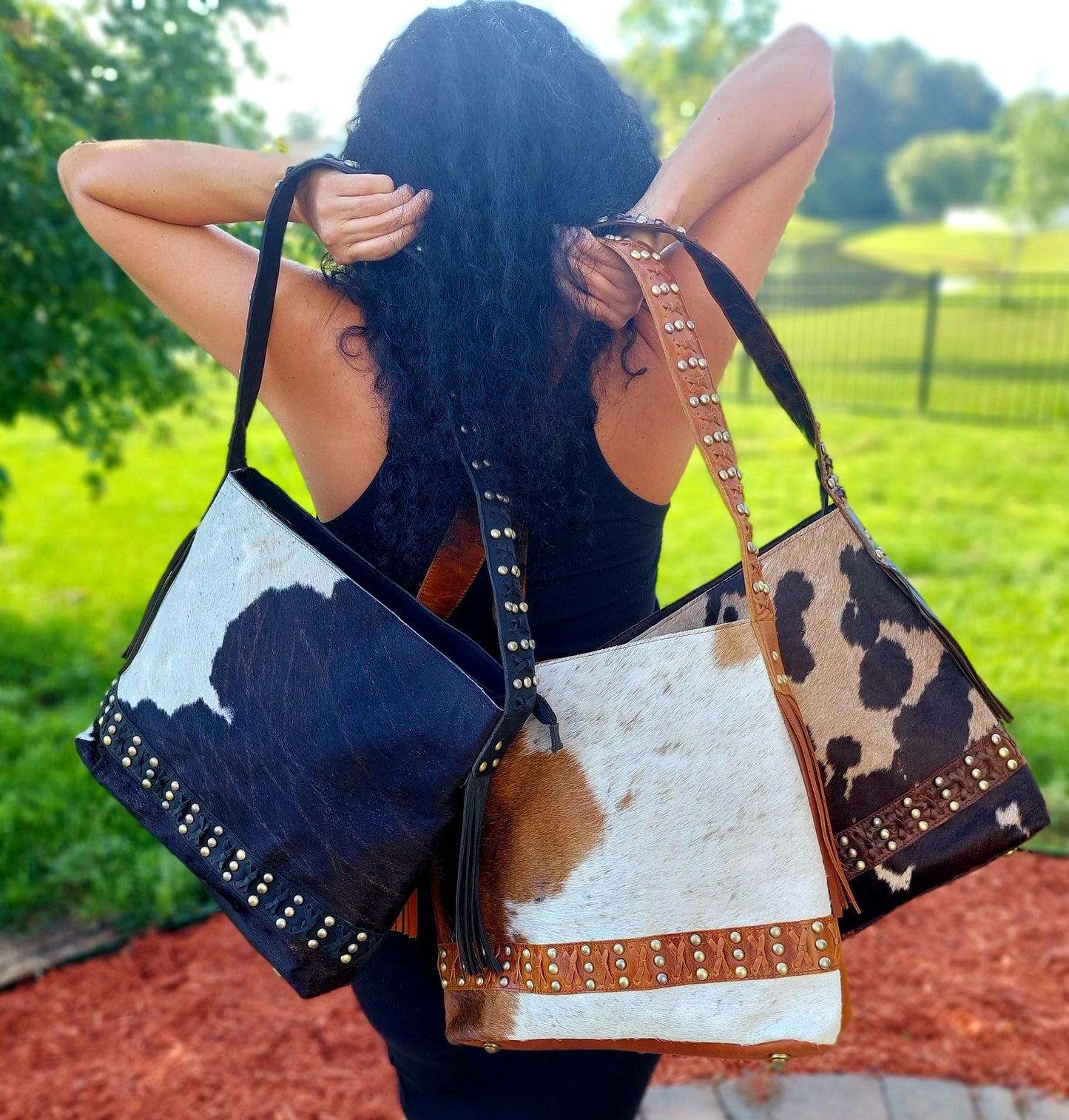 Black | brown | tan leather and cowhide shoulder bag embellished with studs | handmade | Etsy