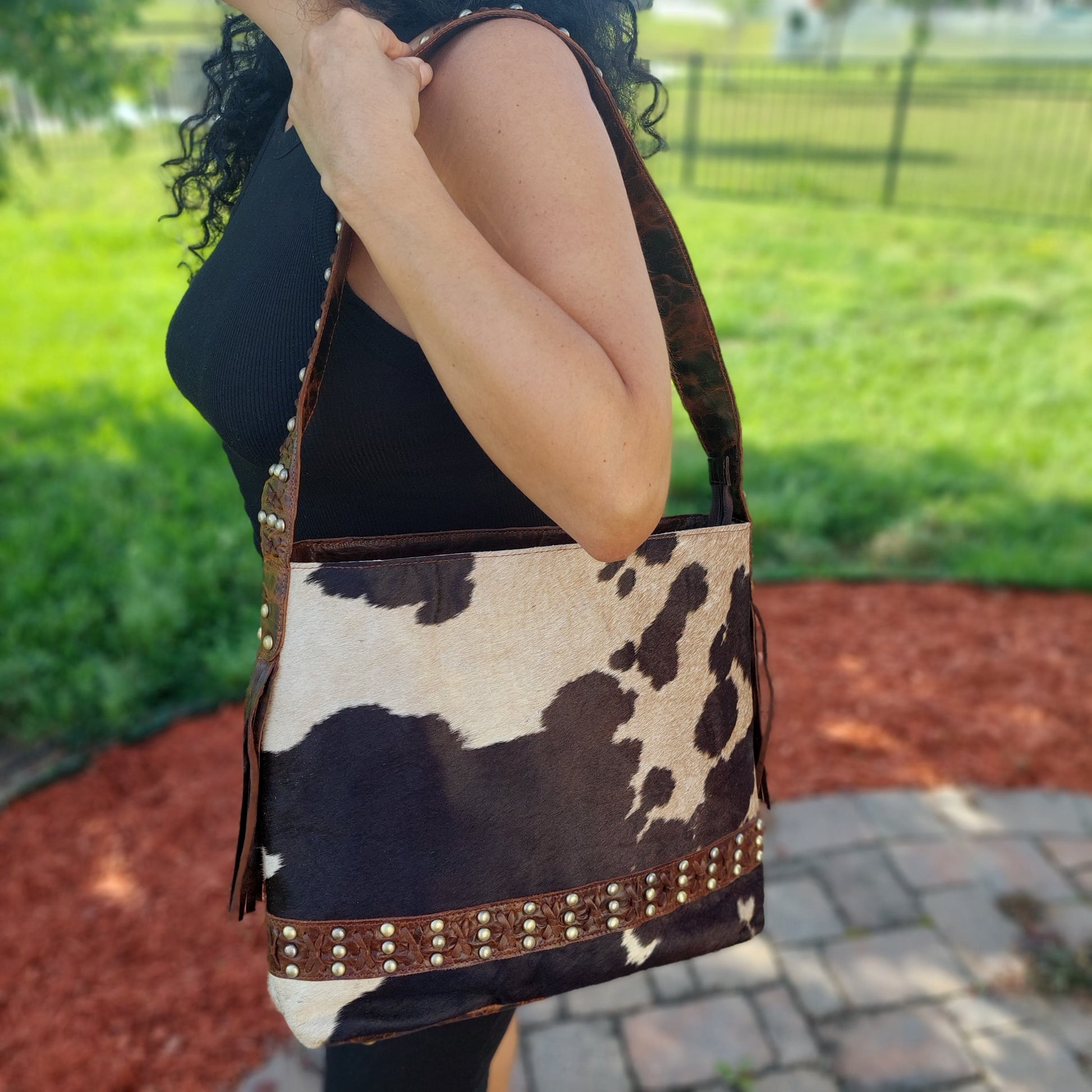 Brown distressed leather shoulder bag | cowhide and stud details | handmade l western purses | Etsy