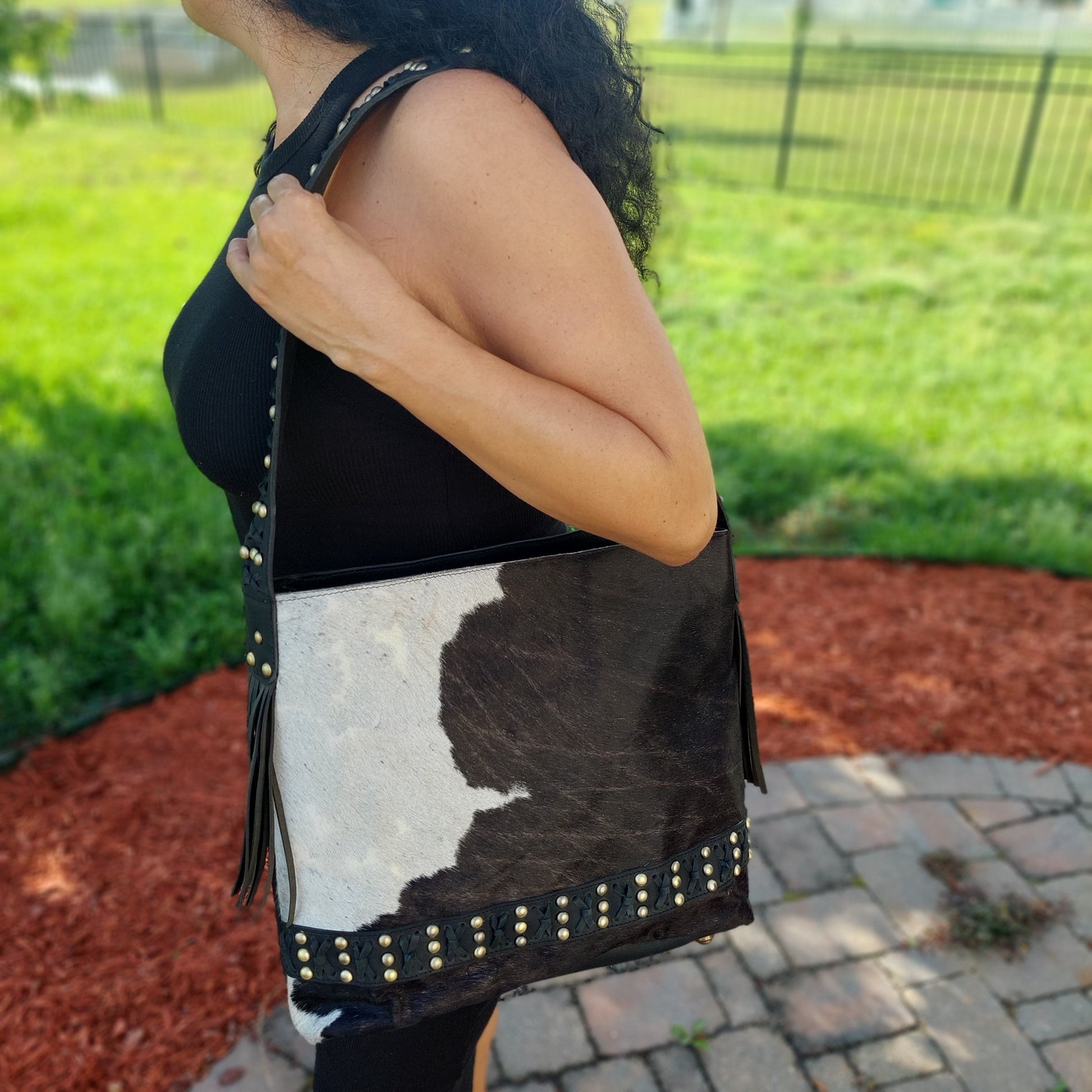 Black | distressed leather | leather and cowhide shoulder bag with studs | Etsy