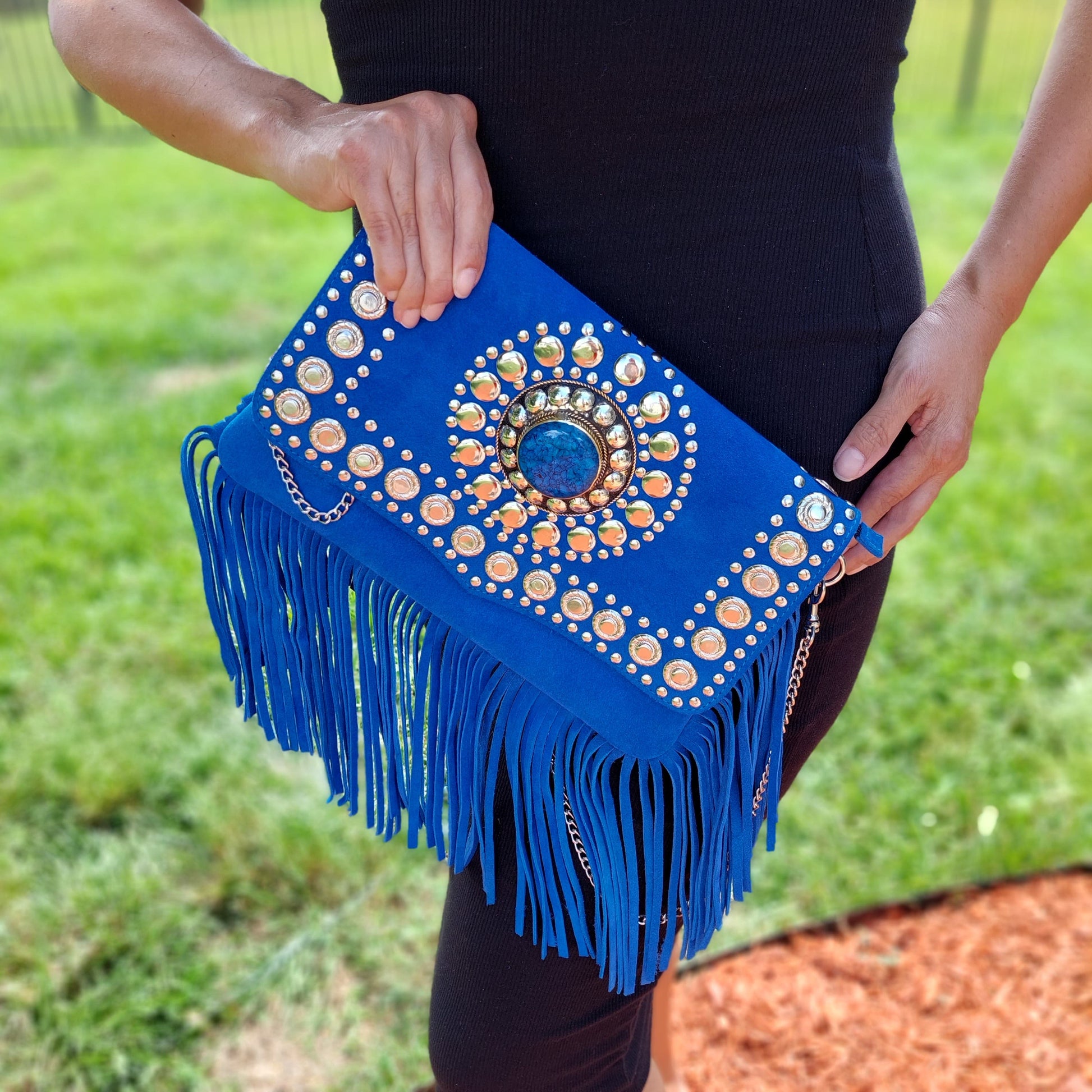 cobalt blue suede Moroccan clutch with fringe | leatherncharm
