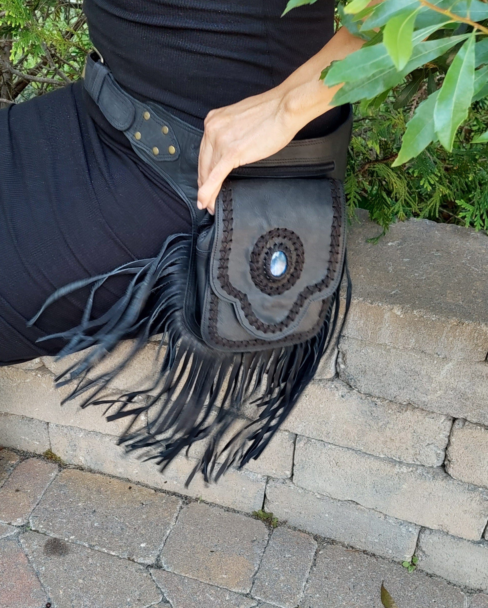 leather hip belt bag with fringe and stone detail | leatherncharm