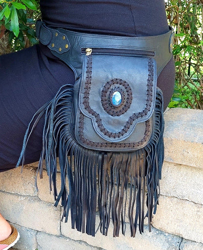 boho leather hip belt bag with fringe and stone | black | leatherncharm