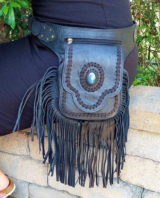 boho leather hip belt bag with fringe and stone | black | leatherncharm