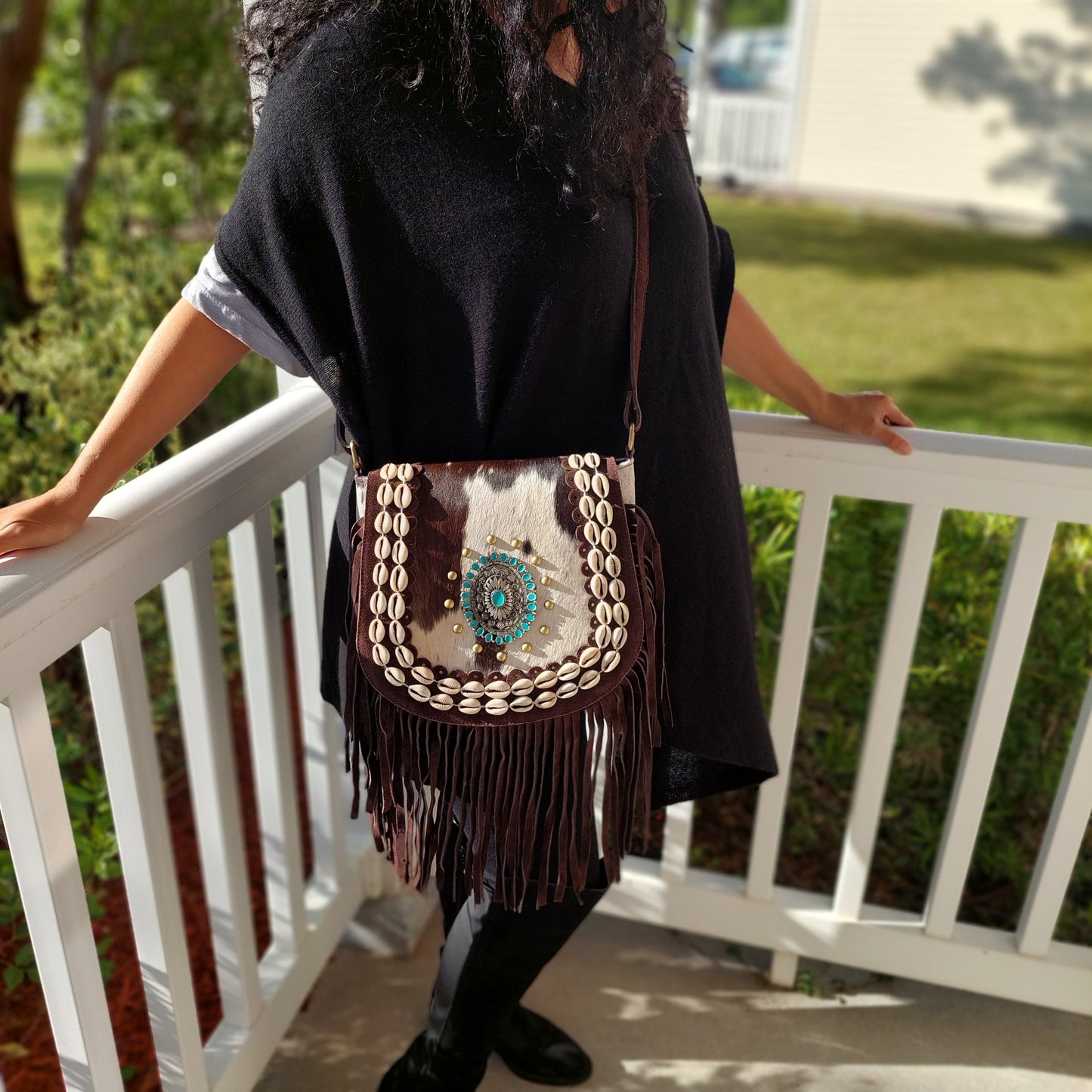 Brown | Chocolate brown | western crossbody with fringe and hide | Handmade 