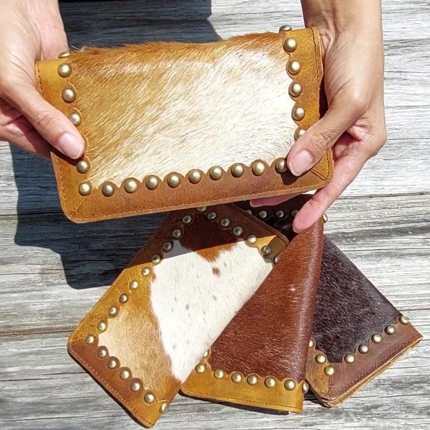 Snap closure wallets women | leather and cowhide | hair on hide | handmade | brass stud detail | leatherncharm