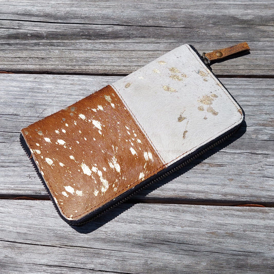 cowhide wallets with hair | two tone hide | metallic gold on hide | zip around closure |leatherncharm