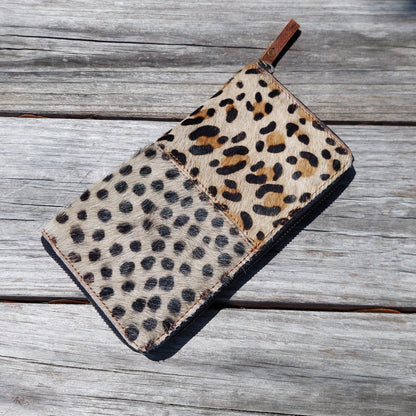 two tone cheetah and leopard hair on hide zip around wallet | hair on hide long wallet | leatherncharm