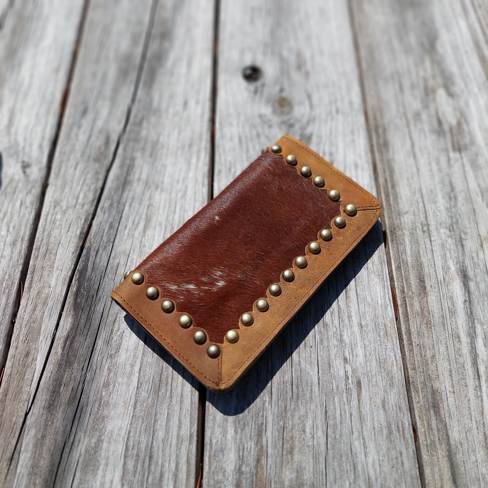 Auburn cowhide and long leather wallet two snap closure | scalloped leather trim around walled decorated with brass studs | handmade | Western wallet | unisex | Etsy 