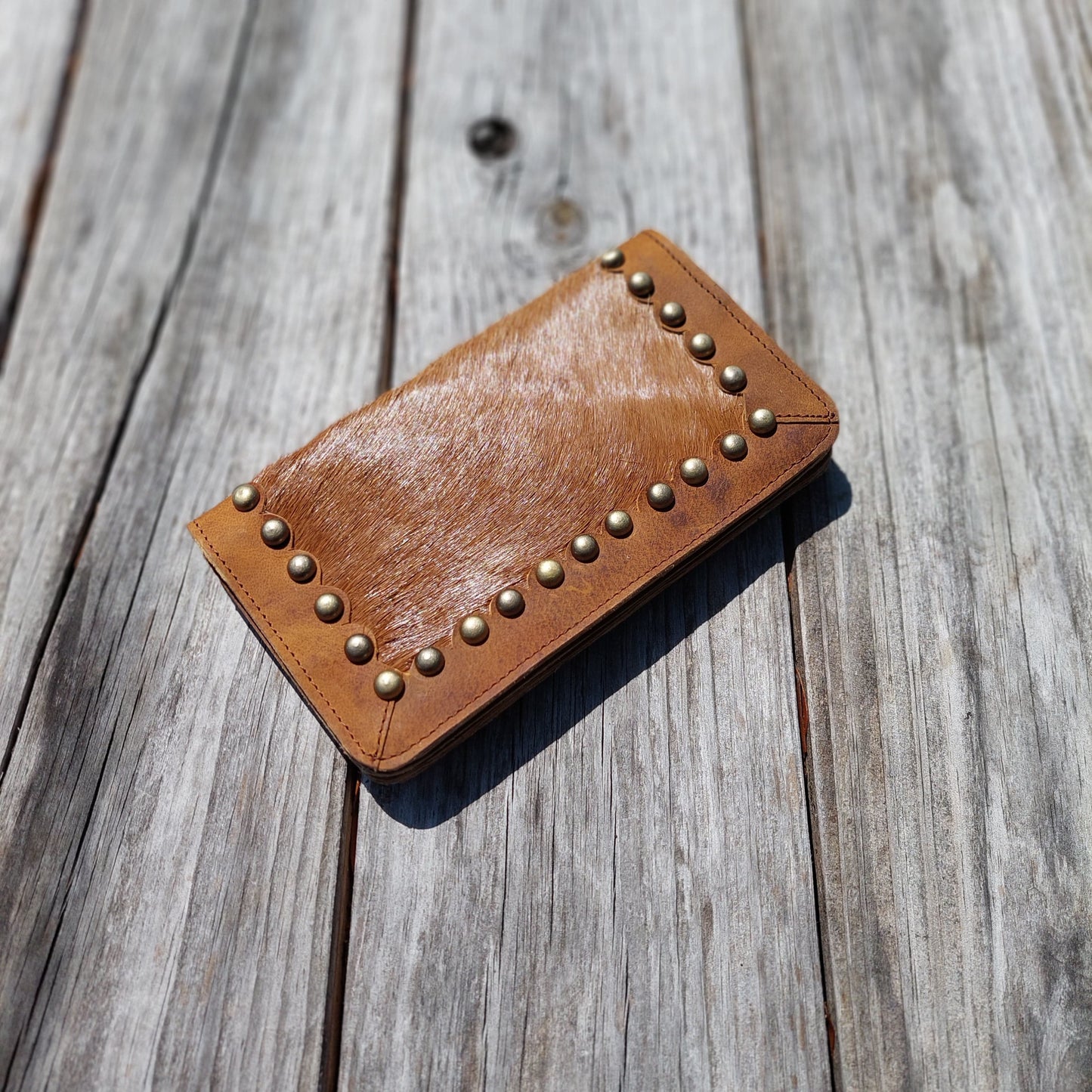 Long cowhide and leather wallet two snap closure | scalloped leather trim around walled decorated with brass studs | handmade | Western wallet | unisex | Etsy 