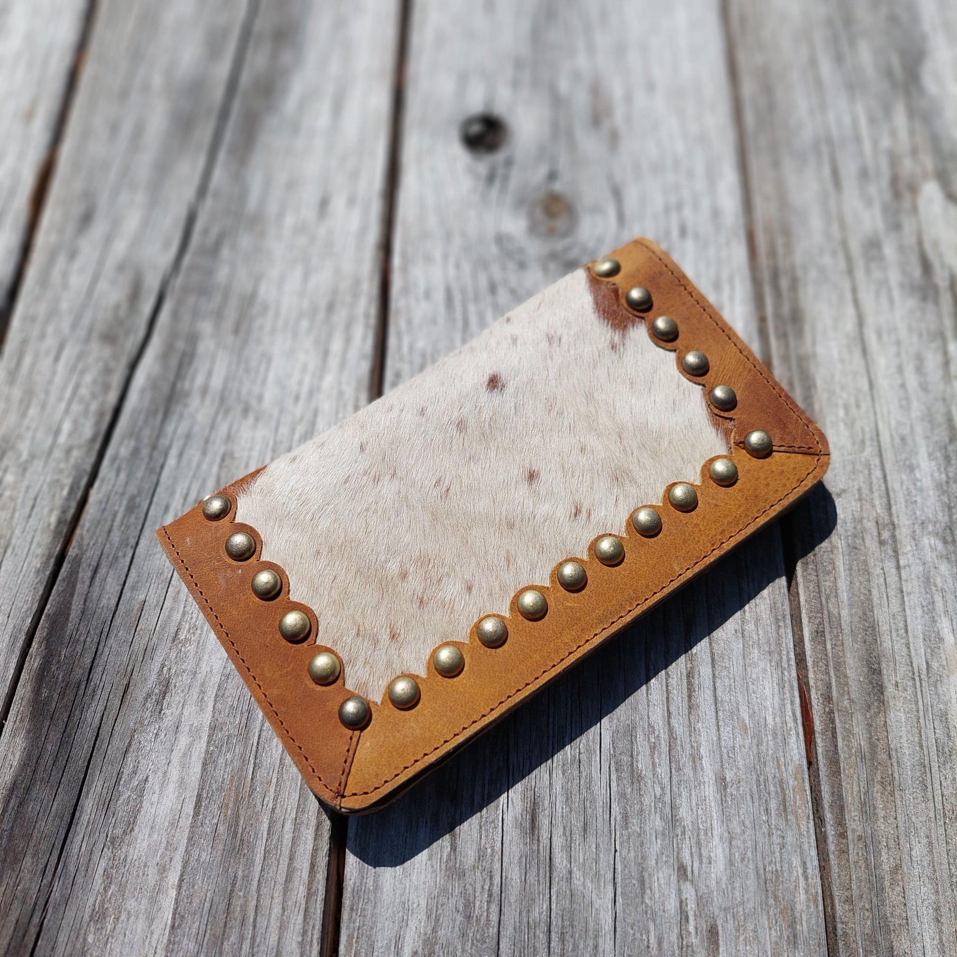 Long wallet | Long cowhide and leather wallet two snap closure | scalloped leather trim around walled decorated with brass studs | handmade | Western wallet | unisex | Etsy