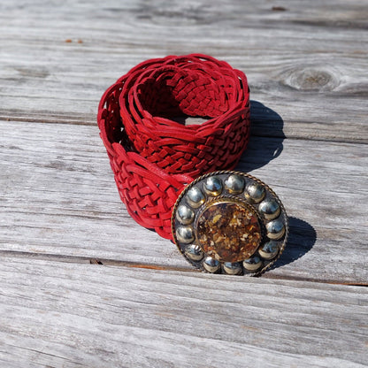 Red Handmade Moroccan leather braided wide belt 