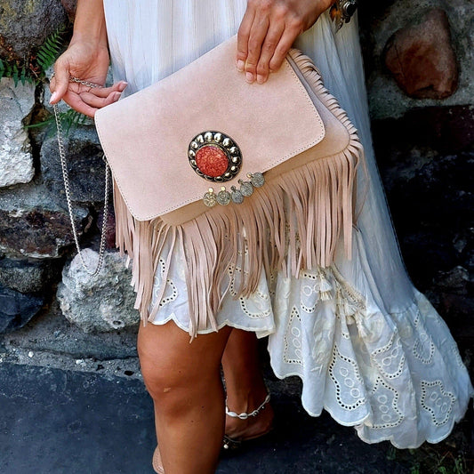 pale pink |Moroccan suede clutch dangling coins and fringe 
