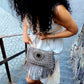 Handmade Moroccan Suede clutch embellished with flat round silver grommets  