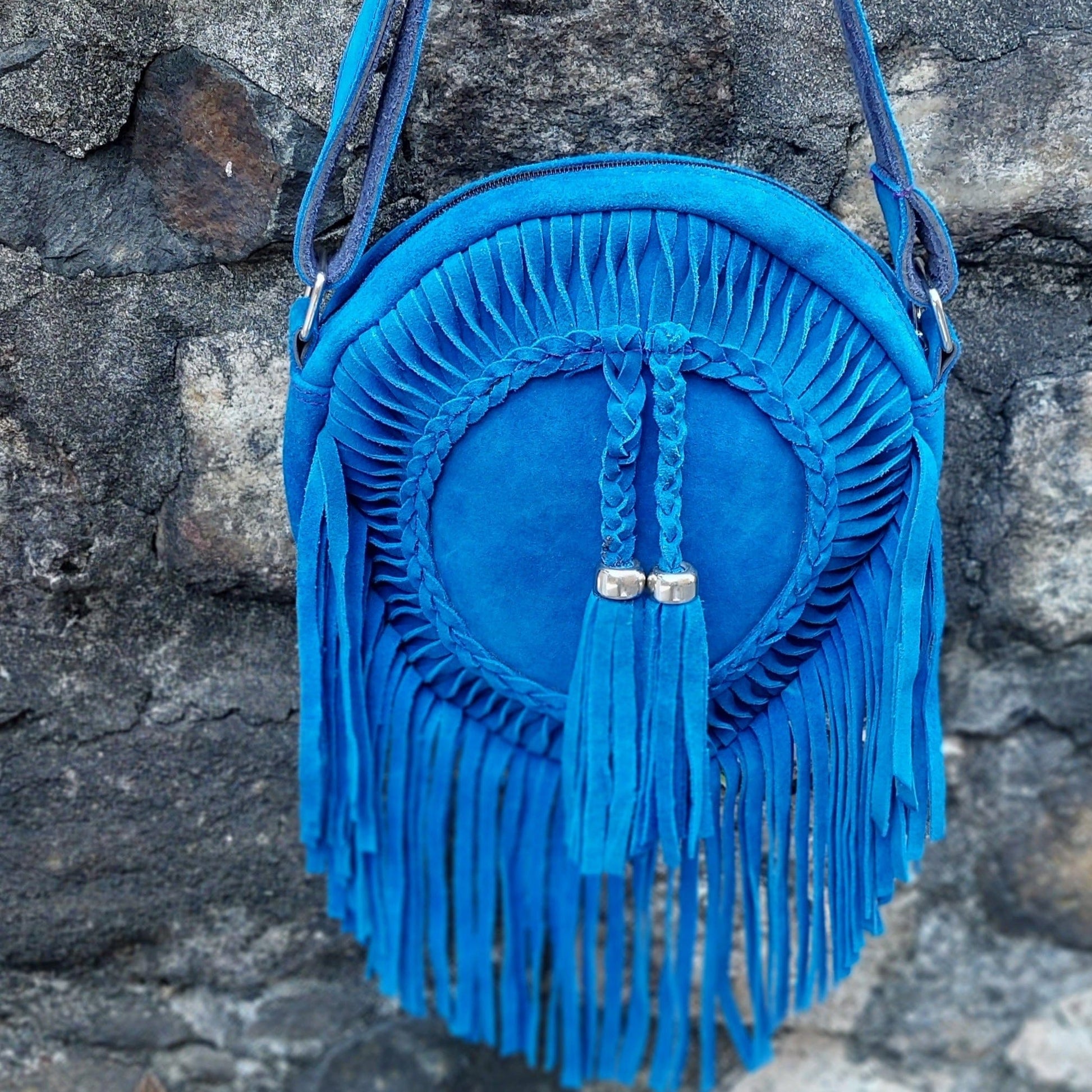 Cobalt blue | western bag with fringe | round suede crossbody | leatherncharm