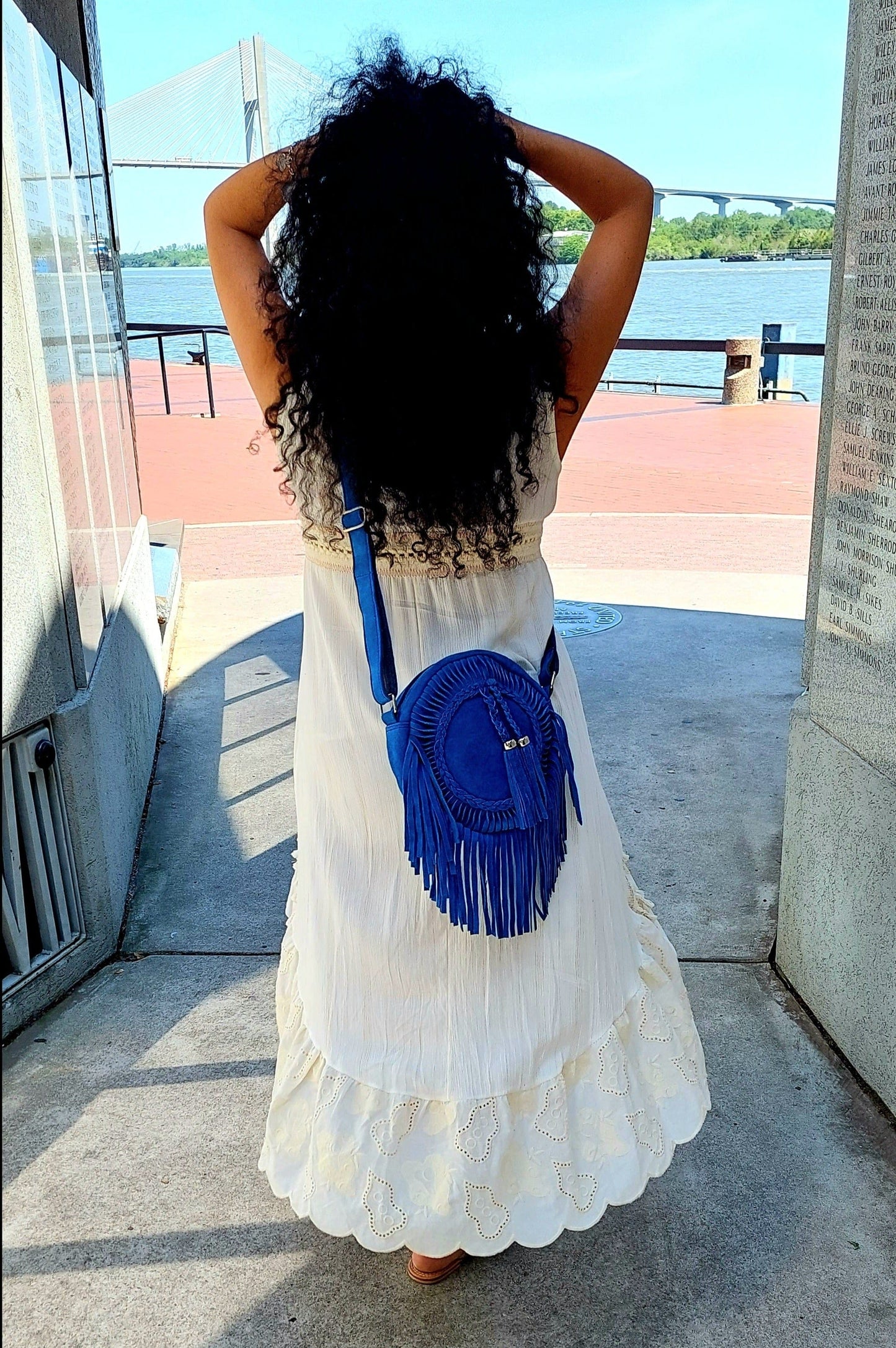 Blue | round suede canteen crossbody | western bag | braided tassles and fringe | leatherncharm
