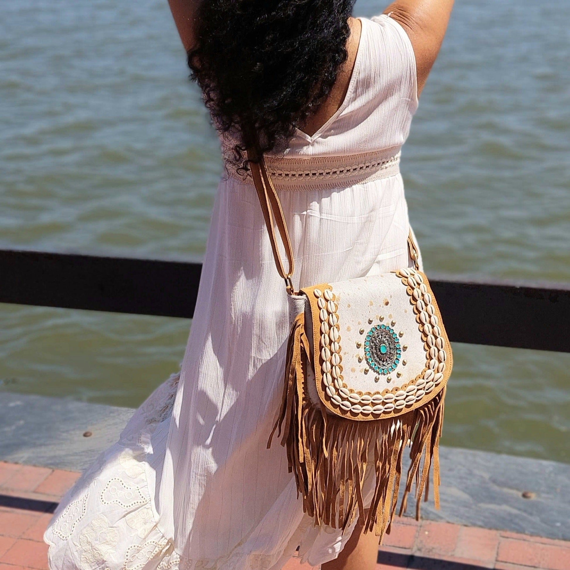 Tan | Suede fringe crossbody bag | embellished with cowhide, shells & studs | handmade | etsy