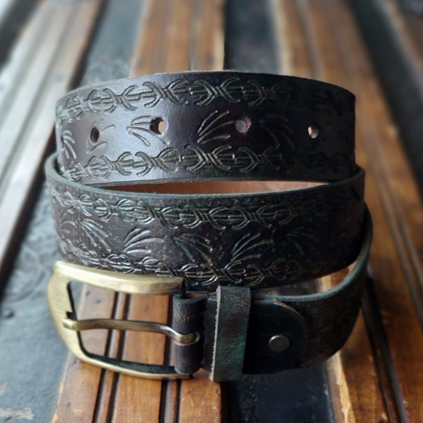 Men's Tooled Leather Belt Aztec type design